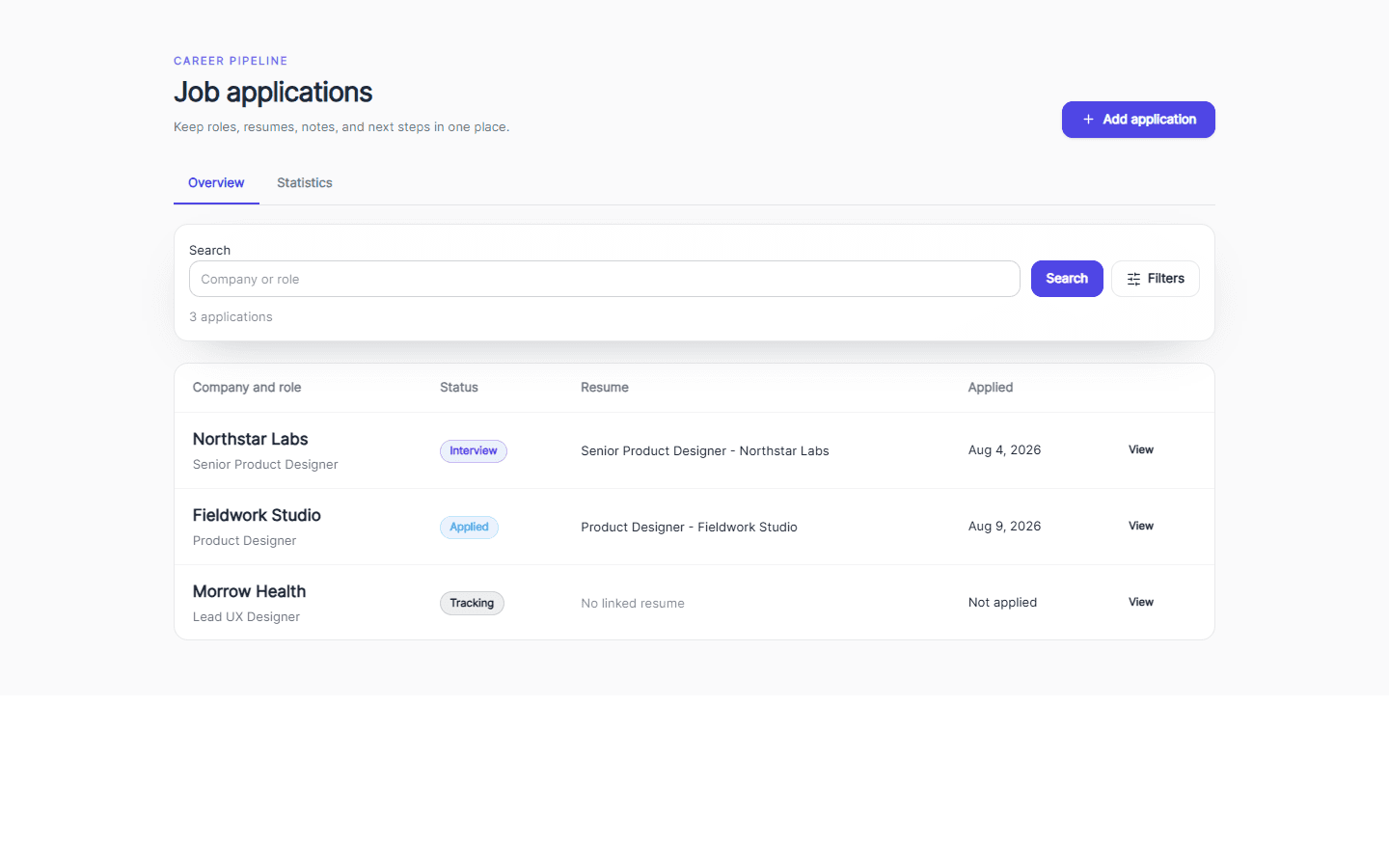 ResumeFlows job application tracker showing roles, statuses, linked resumes, and dates